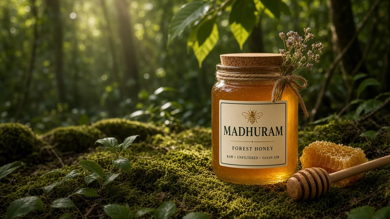 Madhuram raw forest honey jar sealed with cork, on moss in Sasan Gir